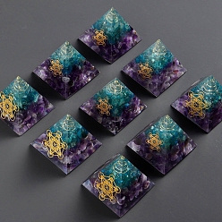 Аметист Генераторы энергии смолы оргонитовой пирамиды, рейки натуральные аметистовые чипсы внутри для украшения стола домашнего офиса, 50x50x50 мм