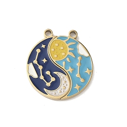 Настоящее золото 18K 304 подвески из нержавеющей стали, плоский круг с солнцем/луной, с эмалью, ионное покрытие (ip), сплит подвески, реальный 18 k позолоченный, 22.5x20x1.5 мм, отверстие : 1.8 мм