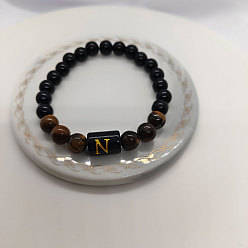 Letter N Браслеты из натурального тигрового глаза и черного обсидиана с круглыми бусинами, колонка с буквой украшения для женщин мужчин, Письмо N, 7-1/8 дюйм (18 см)