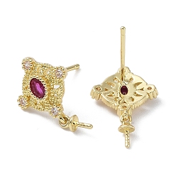 Настоящее золото 14K Фурнитура для сережек-гвоздиков с ромбами из латуни с кубическим цирконием, без кадмия, без никеля и без свинца, с 925 штырями стерлингового серебра, реальный 14 k позолоченный, 19x12x2.5 мм, штифты : 0.5x12 мм