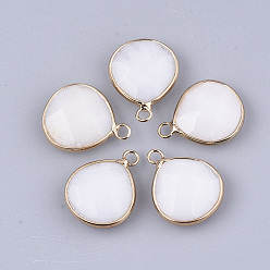 White Natural White Jade Pendants, with Brass Findings, Faceted, Dyed, Teardrop, Golden, White, 20~22x17~18x6~7mm, Hole: 1.5~2.5mm