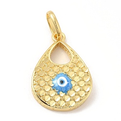 Deep Sky Blue Brass Pendants, with Enamel, Real 18K Gold Plated, Long-Lasting Plated, Teardrop with Evil Eye Charm, Deep Sky Blue, 34x23.5x6mm, Hole: 10x7mm