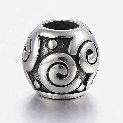 Античное Серебро 304 из нержавеющей стали европейские шарики, бусины с большим отверстием, бочка с вихрем, античное серебро, 11x10 мм, отверстие : 5 мм