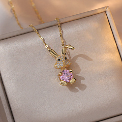 Бледно-Розовый 304 Подвеска в виде кролика из нержавеющей стали с инкрустацией кубическим цирконием, цепочка с рифленой поверхностью для женщин, золотые, розовый жемчуг, 15.75 дюйм (40 см)