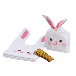 Hot Pink Plastic Candy Bags, Rabbit Ear Bags, Gift Bags, Two-Side Printed, with Wire Twist Ties, Hot Pink, Bag: 22.5x14cm, Ties: 8x0.4cm