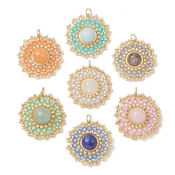 Смешанные камни Плоские круглые подвески из натуральных смешанных драгоценных камней, плетенные подвески из японского бисера ручной работы, 27.5~28x25~25.5x8.5 мм, отверстие : 3.5 мм