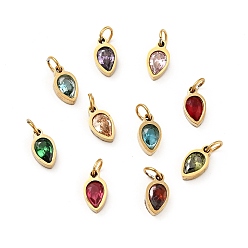 Mixed Color PVD Vacuum Plating304 Stainless Steel Pendants, Long-Lasting Plated, with Cubic Zirconia and Jump Rings, Single Stone Charms, Teardrop, Golden, Mixed Color, 9.5x5x2.5mm, Hole: 3.5mm