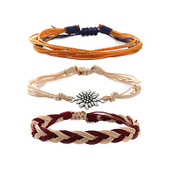 Темно-Красный 3шт. набор браслетов из плетеных бусин из цветочного сплава и вощеного шнура, античное серебро, темно-красный, 11 дюйм (28 см)
