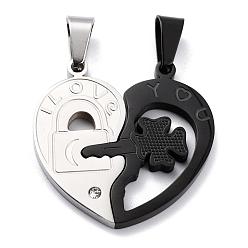 Черный Цвет Металла & Цвет Нержавеющей Стали Сердце 304 из нержавеющей стали горный хрусталь сплит подвески, пара подвески, металлический черный & цвет нержавеющей стали, 32x31x3 мм, отверстие : 4x8 мм