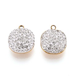 Прозрачный Ионное покрытие (ip) 201 брелоки из нержавеющей стали, квадратный, с полимерной глиной горный хрусталь, реальный 18 k позолоченный, прозрачные, 13.5x11~11.5x5~6 мм, отверстие : 1.5~1.6 мм