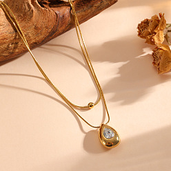 Teardrop 304 Stainless Steel Pave Clear Cubic Zirconia Teardrop Pendant Double Layer Necklaces for Women, Golden, Teardrop, 15.75 inch(40cm), Pendant: 18.3x13mm