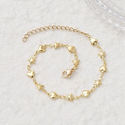 Настоящее золото 18K Браслеты из латунной цепочки для женщин, Сердце и звезда, с 304 из нержавеющей стали Lobster Claw застежками, реальный 18 k позолоченный, 7-1/8 дюйм (18 см)