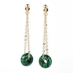 Malachite Synthetic Malachite Dangle Stud Earrings, with Brass Stud Earring Findings, Brass Cable Chains and Ear Nuts, Rondelle, 60mm, Pin: 0.8mm
