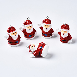 Dark Red Resin Pendants, with Platinum Plated Iron Loop, Christmas Theme, Father Christmas, Dark Red, 34~36x30x18.5~19.5mm, Hole: 2mm