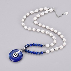 Lapis Lazuli Natural Labradorite Pendant Necklace, with Pearl Beads, Brass Findings and Hematite Beads, Flat Round with Tree of Life, 21.06 inch(53.5cm)