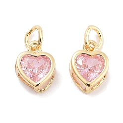 Pink Латунные микро проложить кубического циркония подвески, без кадмия, без никеля и без свинца, сердце, с целью перехода в кольце, реальный 18 k позолоченный, розовые, 10.5x7.5x4 мм, отверстие : 3.5 мм