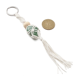 White Waxed Cotton Cord Braided Macrame Pouch Empty Stone Holder for Pendant Keychain Making, with Wood Beads and 304 Stainless Steel Split Key Rings, White, 20.3cm