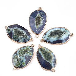 Marine Blue Electroplate Natural Agate Links connectors, with Iron Findings, Dyed, Nuggets, Golden, Marine Blue, 43~46x22~27x8~15mm, Hole: 2mm