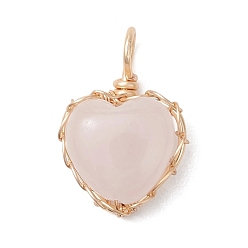 Розовый Кварц Природного розового кварца подвески, подвески в форме сердца с медной проволокой, золотые, 17.5x12x6 мм, отверстие : 3.5 мм