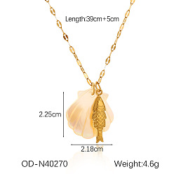 Fish Женские ожерелья с подвесками из натуральной ракушки и нержавеющей стали в виде 304 цепочек, реальный 18 k позолоченный, старинный белый, рыба, 15.35 дюйм (39 см)