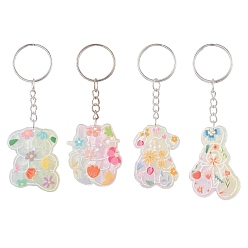 Colorful Bear/Rabbit Printed Opaque Acrylic Pendant Keychain, with Iron Split Key Rings, Colorful, 8.9~9.3cm