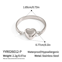 Stainless Steel Color 304 Stainless Steel Finger Rings for Women, Heart, Stainless Steel Color, 7.7mm, US Size 8 1/2(18.5mm)
