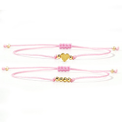 Pink 2шт. 2 стили богемные латунные бусины плетеные браслеты из бусин, Браслеты из нейлоновой нити плетеные для женщин, круглый и сердце, золотые, розовые, 11.02 дюйм (28 см)