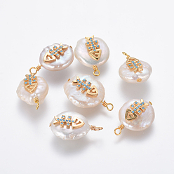 Темно-Голубой Подвески из натурального пресноводного жемчуга, с латунными микро проложить кубических выводы циркония, самородки с рыбьей костью, золотые, глубокое синее небо, 20~24x13~15x5~8 мм, отверстие : 1.8 мм