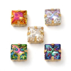Золотой Шить на горный хрусталь, многожильные звенья из стекла, хрусталя и стразов, с настройками латуни, аксессуары для одежды, граненые, квадратный, разноцветные, золотые, 13x13x7.5 мм, отверстие : 1.2 мм
