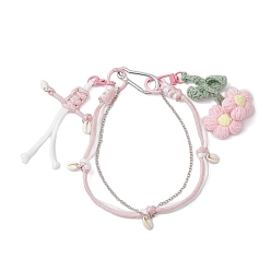 Pink Вязаные крючком цветы-буфы, полиэстеровые веревки и подвесные украшения, Сплав с застежками, розовые, 445 мм