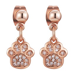 Розовое Золото Прозрачные серьги-гвоздики с кубическим цирконием и принтом кошачьей лапы, латунные серьги-подвески с железной булавкой для женщин, розовое золото , 17 мм, штифты : 0.8 мм