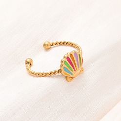 Shell Shape 304 из нержавеющей стали Манжета кольца для женщин, с эмалью, золотые, формы раковины, 10x10 мм