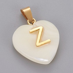 Letter Z Shell Anhänger, mit 304 Edelstahl Zubehör, Herz mit Brief, golden, letter.z, 23.5x20x7 mm, Bohrung: 3.5x7 mm