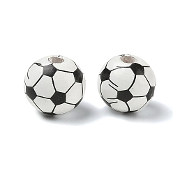 White Wood European Beads, Round with Football Pattern, Large Hole Beads, White, 16x15mm, Hole: 4mm