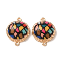 Black Printed Alloy Enamel Connector Charms, Mosaic Half Round Links, Rack Plating, Golden, Black, 22x18x6.5mm, Hole: 1.2mm