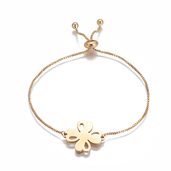 Doré  201 bracelets coulissants en acier inoxydable, chaînes de boîte, trèfle, or, 9-5/8 pouces ~ 9-7/8 pouces (24.5~25 cm), Liens: 21.5x18x1.5 mm