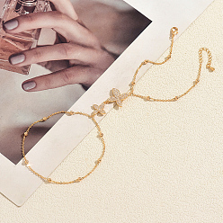 Golden Saint Patrick's Day Brass Micro Pave Clear Cubic Zirconia Four-leaf Clover Hand Chain Ring Bracelets for Women, Golden, 6.10 inch(15.5cm)