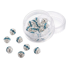 Аквамарин Латунные бусины со стразами , класс А, серебрянный металл, круглые, аквамарин, 8 мм, отверстия: 1 мм, 20 шт / коробка
