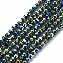 Зеленое Покрытие Гальванические стеклянные бусины, граненые, рондель, зеленый покрытием, 2 мм, отверстие : 0.5 мм, около 192~194 шт / нитка, 12.99~13.39 дюймов (33~34 см)