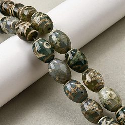 Узор Человека Тибетского стиля DZI бисер нитей, природных бисера агат, окрашенная и подогревом, рис, темно-оливковый зеленый, человеческий узор, 16x12 мм, отверстие : 1.8 мм, около 20 шт / нитка, 12.60'' (32 см)