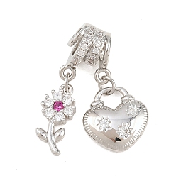 Платина Латунные микро проложить кубического циркония подвески, цветок с подвесками в виде сердечек, без кадмия и без свинца, стойки покрытие, долговечный, платина, 27.5 мм, отверстие : 4 мм