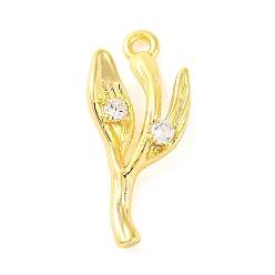 Настоящее золото 18K Подвески из латуни с прозрачным фианитом, лист, реальный 18 k позолоченный, 21x9x3 мм, отверстие : 1.5 мм