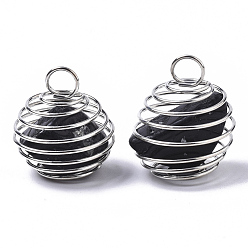Tourmaline Iron Wrap-around Spiral Bead Cage Pendants, with Natural Black Tourmaline Beads inside, Round, Platinum, 21x24~26mm, Hole: 5mm