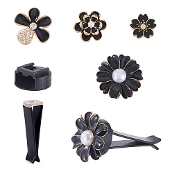 Черный Железные зажимы для вентиляционных отверстий, слот для пластиковых карт, сплав эмали кабошоны, со стразами, цветок, чёрные, 48.5x13x13 мм, отверстие : 3x3 мм