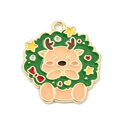 Christmas Wreath Рождественские эмали сплава подвески, олени прелести, золотые, рождественский венок подвески, 26x24x1.5 мм, отверстие : 1.8 мм