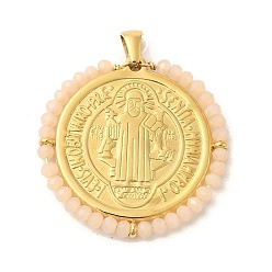 Папайя Оранжевый Ионное покрытие (ip) 304 подвески из нержавеющей стали, со стеклянными бусинами, реальный 18 k позолоченный, плоско-круглые, papayawhip, 34x34.5x3 мм, отверстие : 3.5x3 мм