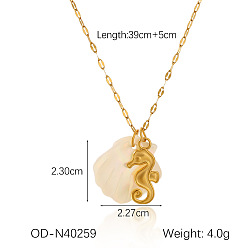 Sea Horse Женские ожерелья с подвесками из натуральной ракушки и нержавеющей стали в виде 304 цепочек, реальный 18 k позолоченный, старинный белый, морской конек, 15.35 дюйм (39 см)