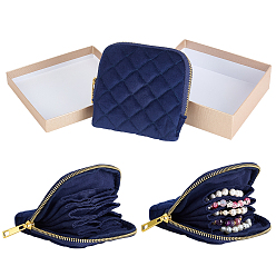 Prussian Blue Rhombus Textured Velvet Jewelry Storage Zipper Pouches for Earrings Rings Bracelets Necklaces, Square, Prussian Blue, 12x12x2.8cm
