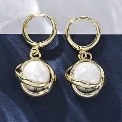 Настоящее золото 18K Латунные серьги обруча, с ABS имитации жемчуга, стойки покрытие, долговечный, без свинца и без кадмия, круглые, реальный 18 k позолоченный, 27x14.5 мм