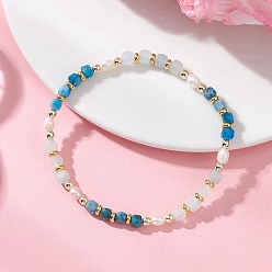 Апатит Эластичные браслеты из натуральных кубических бусин аквамарина и натурального апатита для женщин, с гальваническим покрытием из немагнитного синтетического гематита и бусинами из натурального культивированного пресноводного жемчуга., внутренний диаметр: 2.13 дюйм (5.4 см)